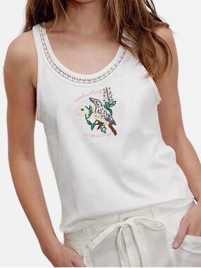 NWT We The Free by Free People White Embroidered Bird Tank Top Size Small